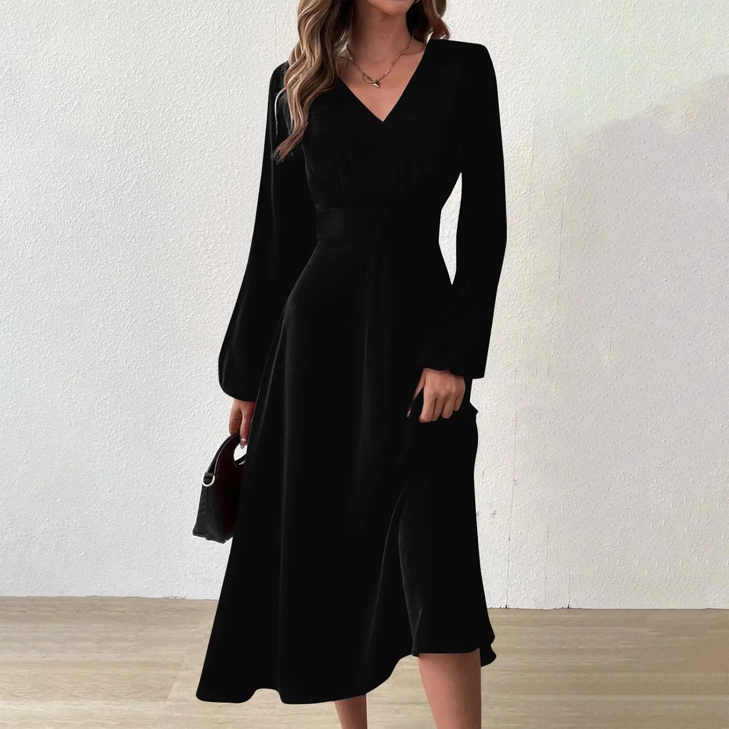 Long Sleeve Midi Dress for Women 2024 Spring V Neck High Waisted T Shirt Dress Casual Flowy A Line Swing Formal Party Dresses