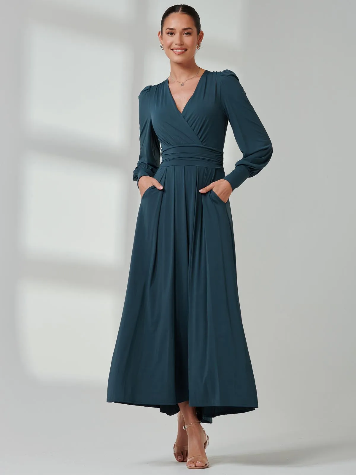 Long Sleeve Soft Silky Jersey Maxi Dress, Dark Teal