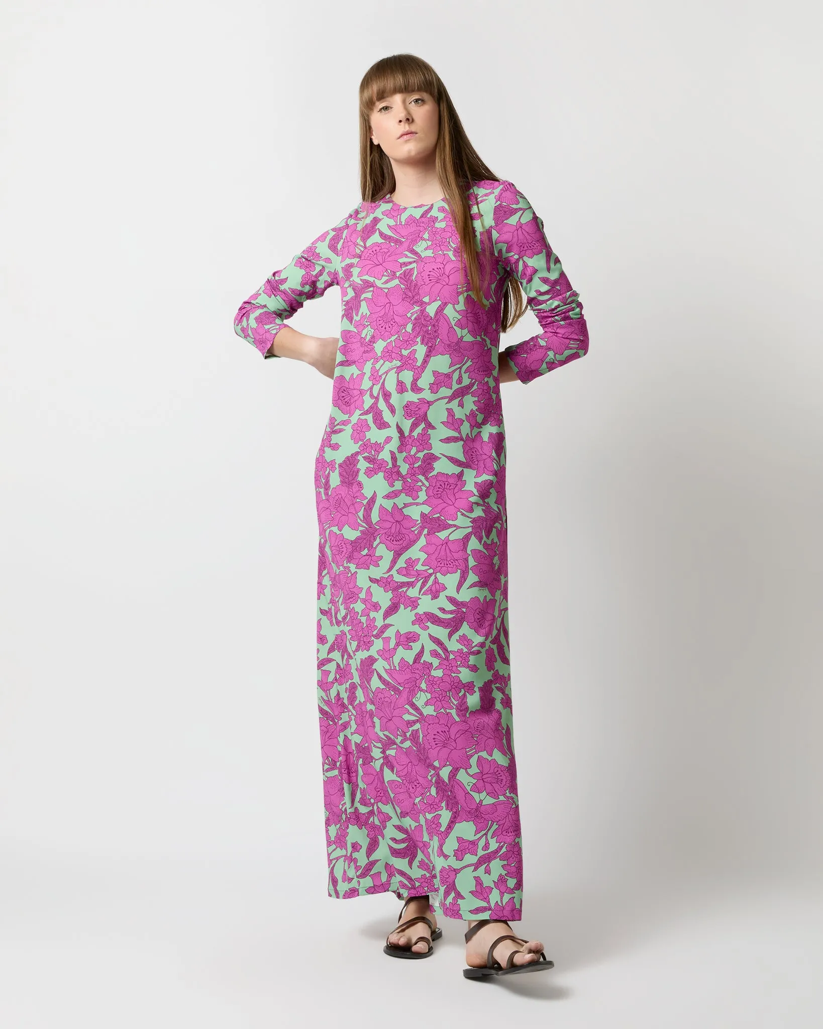 Long Sleeve Swing Dress in Aquamarine Zodiac Placée Viscose Sablé