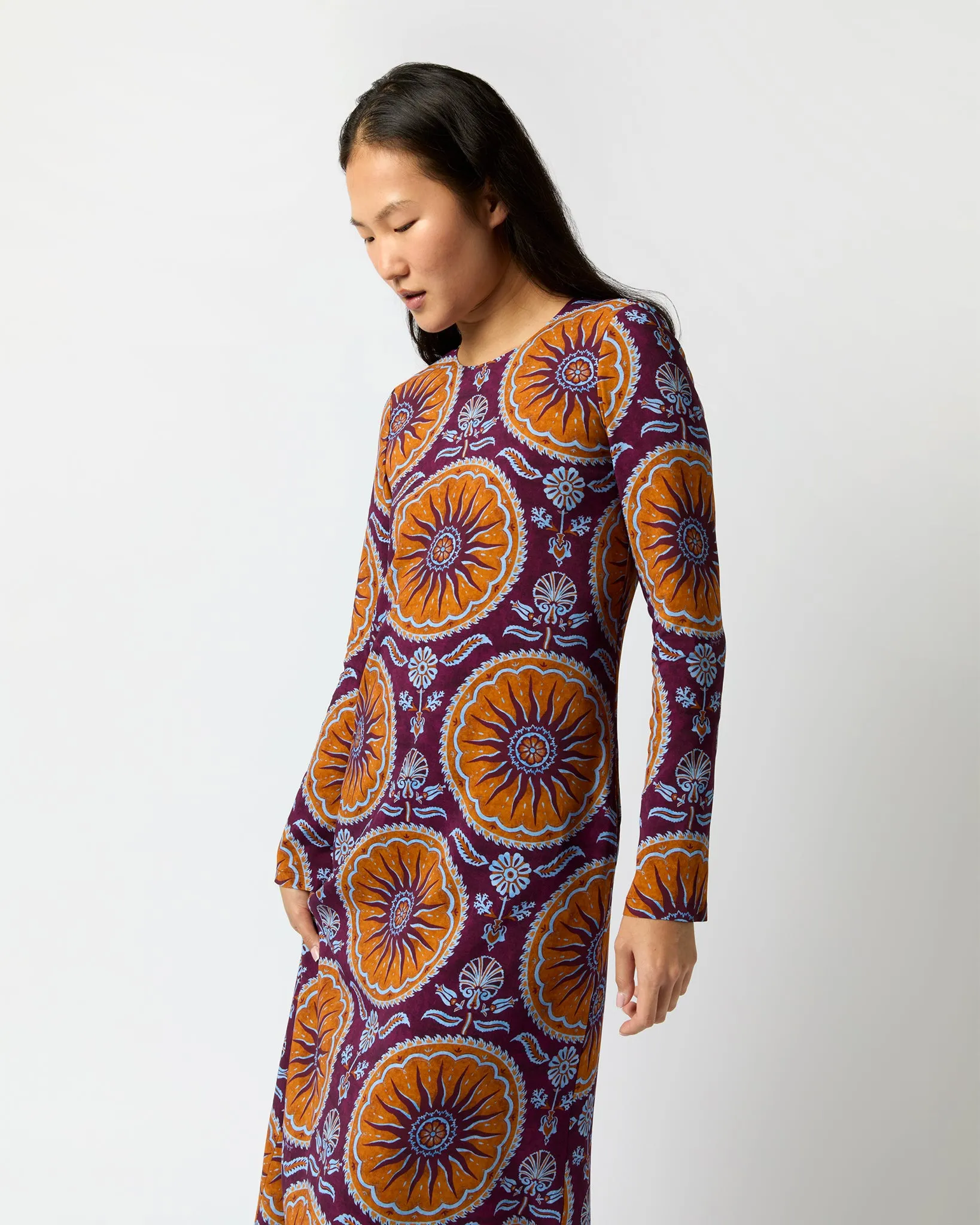 Long Sleeve Swing Dress in Purple Sovereign Stretch Satin