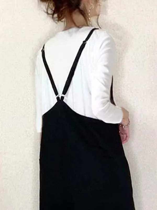 Loose Sleeveless Solid Color Split-Joint Spaghetti-Neck Overalls
