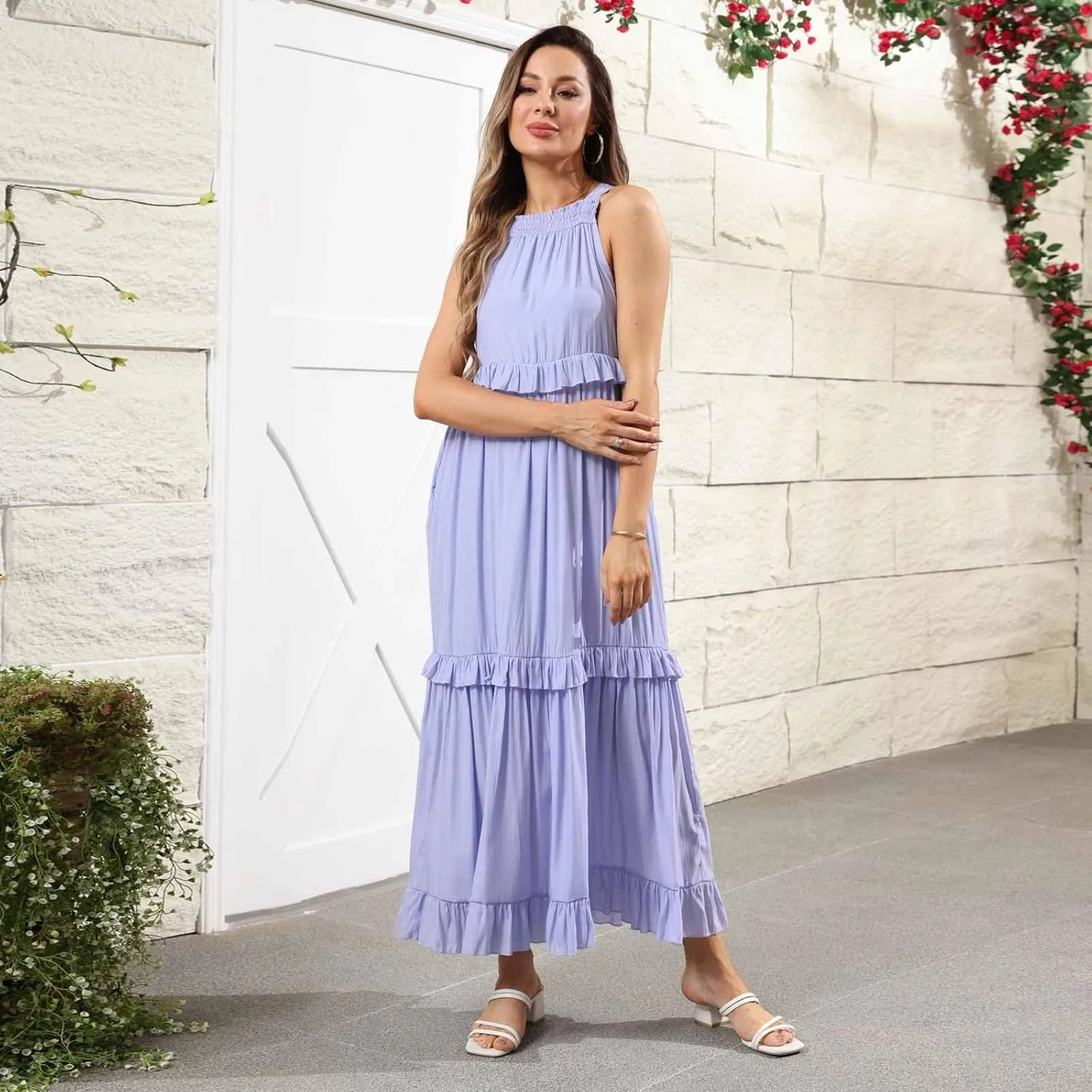 Maxi Dresses for Women 2025 Sleeveless Sexy Tiered Flowy Long Dress Summer Loose Smocked Ruffle Swing Beach Dresses