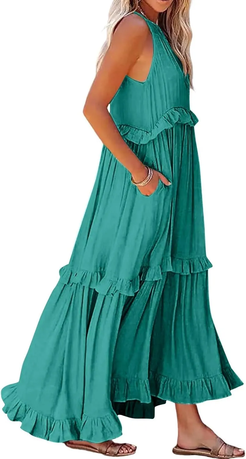 Maxi Dresses for Women 2025 Sleeveless Sexy Tiered Flowy Long Dress Summer Loose Smocked Ruffle Swing Beach Dresses