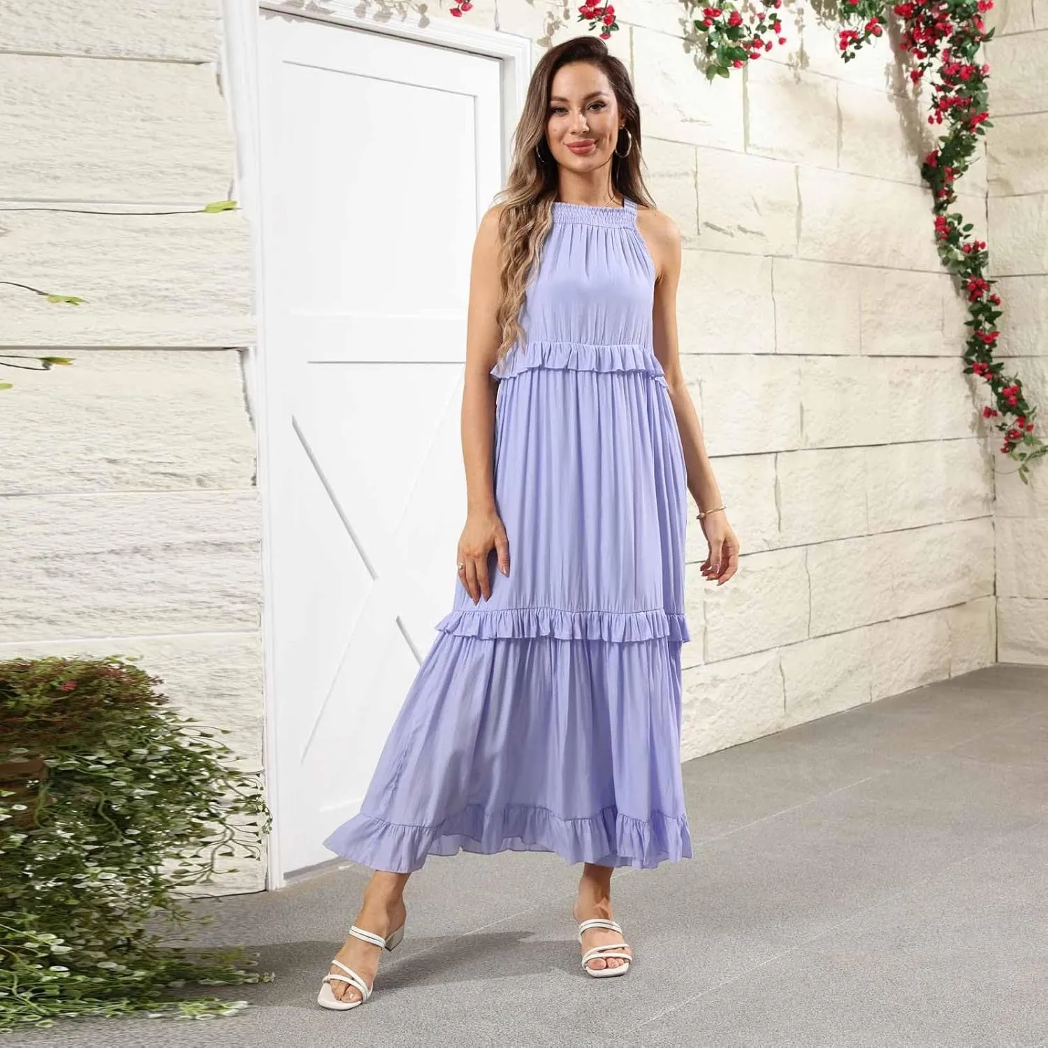 Maxi Dresses for Women 2025 Sleeveless Sexy Tiered Flowy Long Dress Summer Loose Smocked Ruffle Swing Beach Dresses
