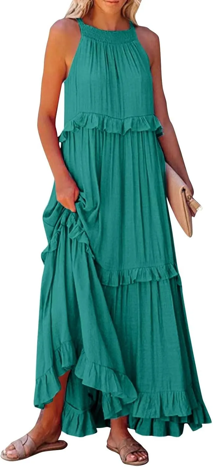 Maxi Dresses for Women 2025 Sleeveless Sexy Tiered Flowy Long Dress Summer Loose Smocked Ruffle Swing Beach Dresses