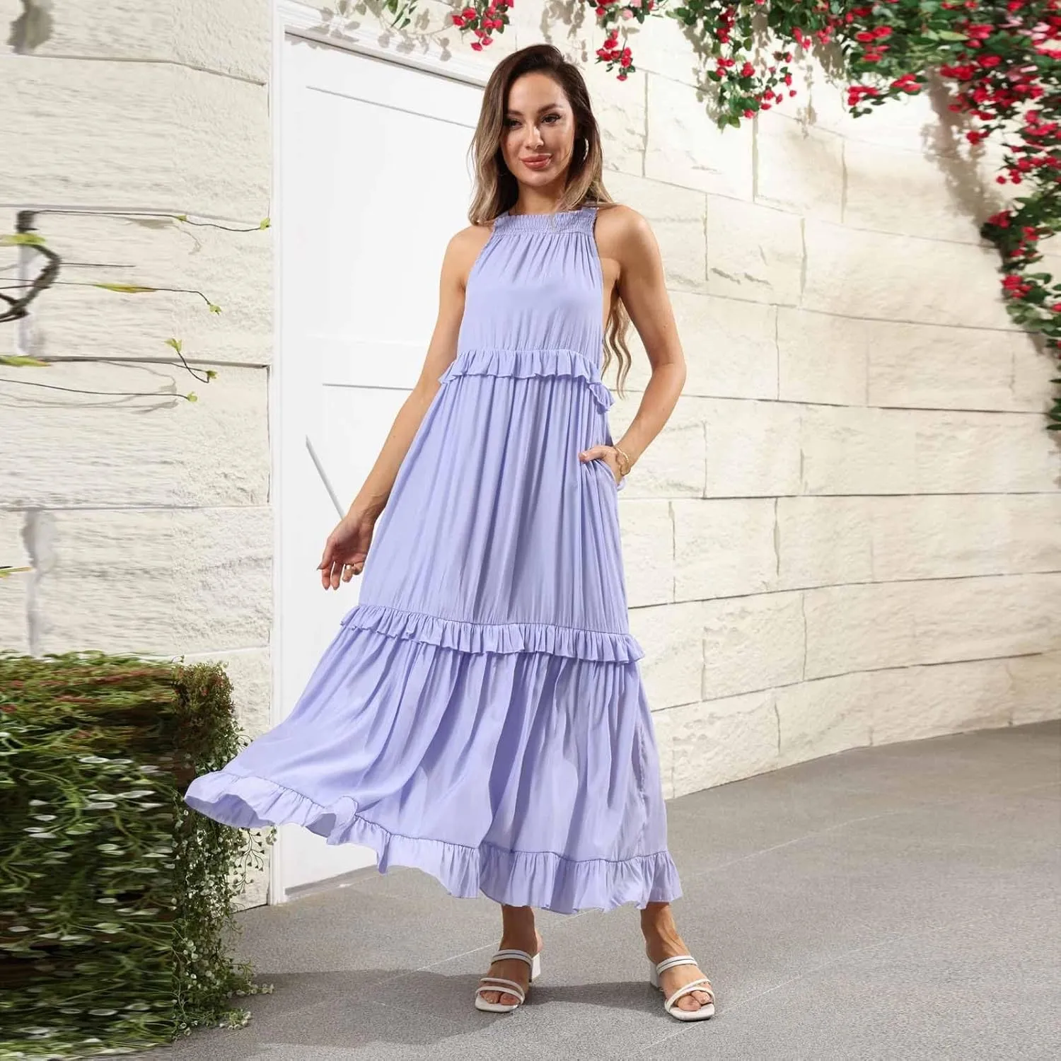 Maxi Dresses for Women 2025 Sleeveless Sexy Tiered Flowy Long Dress Summer Loose Smocked Ruffle Swing Beach Dresses