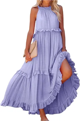 Maxi Dresses for Women 2025 Sleeveless Sexy Tiered Flowy Long Dress Summer Loose Smocked Ruffle Swing Beach Dresses