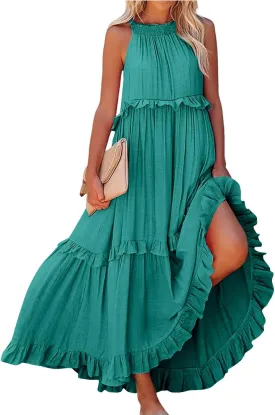 Maxi Dresses for Women 2025 Sleeveless Sexy Tiered Flowy Long Dress Summer Loose Smocked Ruffle Swing Beach Dresses