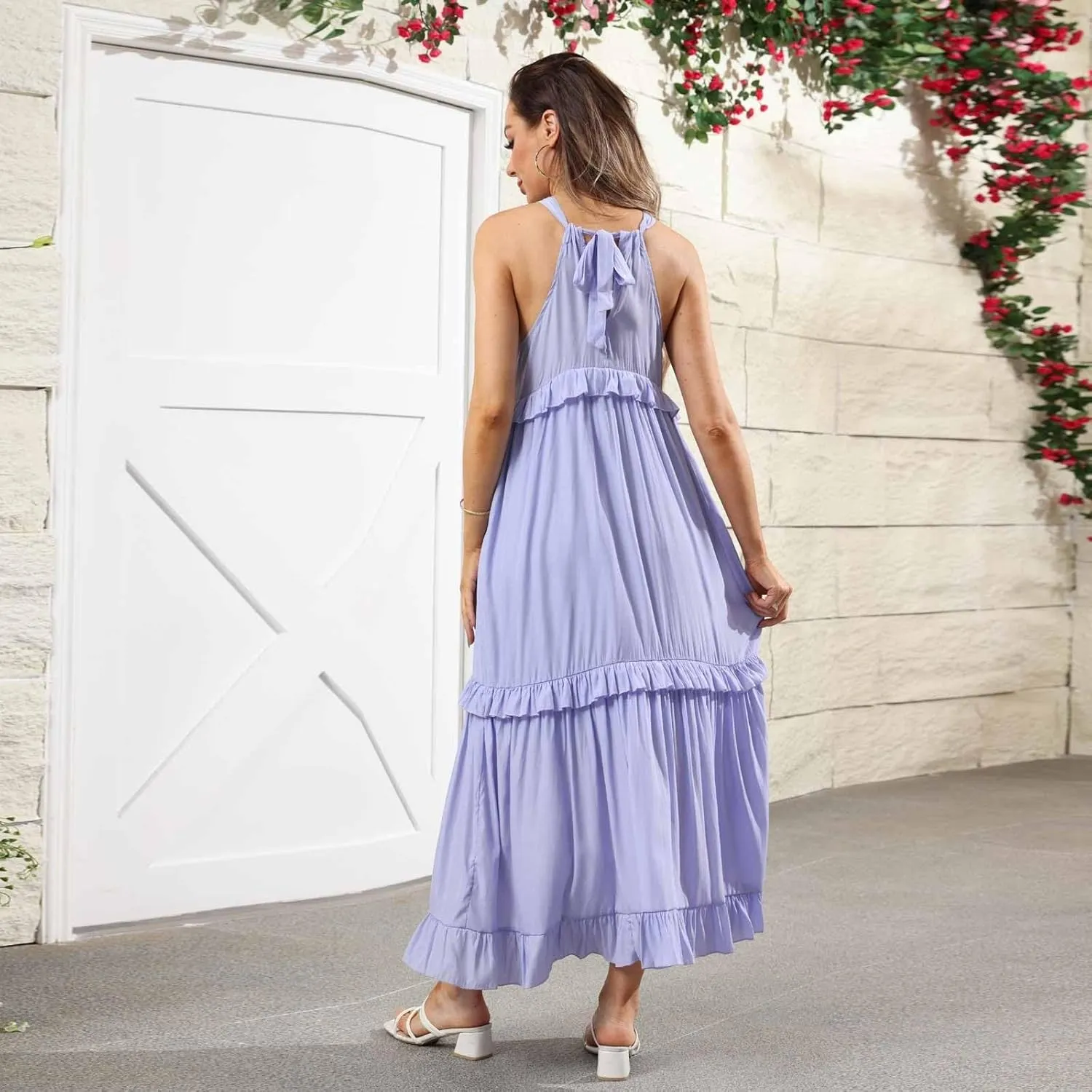 Maxi Dresses for Women 2025 Sleeveless Sexy Tiered Flowy Long Dress Summer Loose Smocked Ruffle Swing Beach Dresses