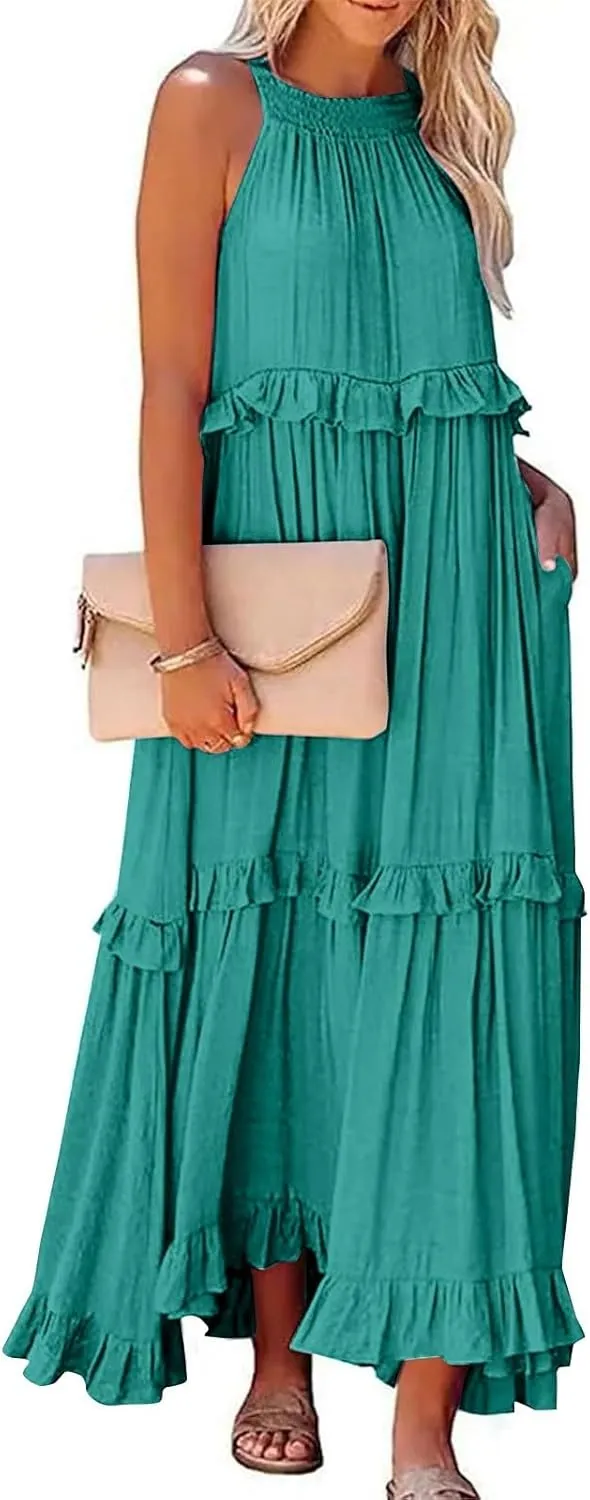 Maxi Dresses for Women 2025 Sleeveless Sexy Tiered Flowy Long Dress Summer Loose Smocked Ruffle Swing Beach Dresses