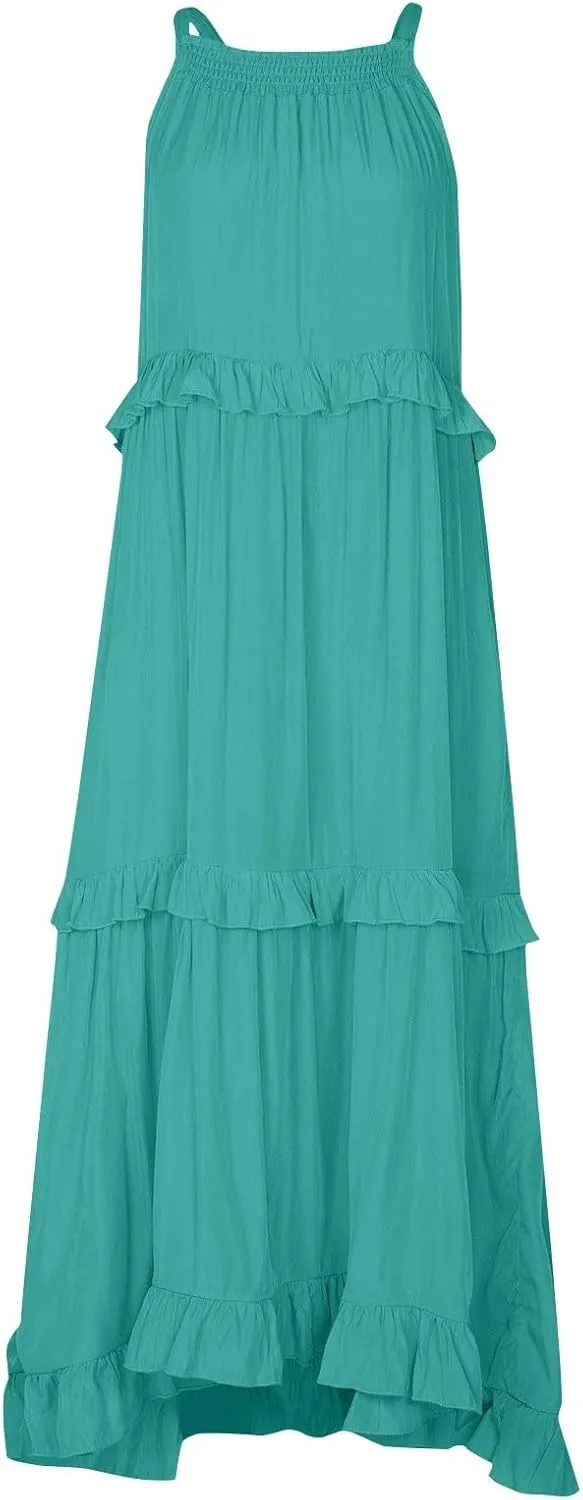 Maxi Dresses for Women 2025 Sleeveless Sexy Tiered Flowy Long Dress Summer Loose Smocked Ruffle Swing Beach Dresses