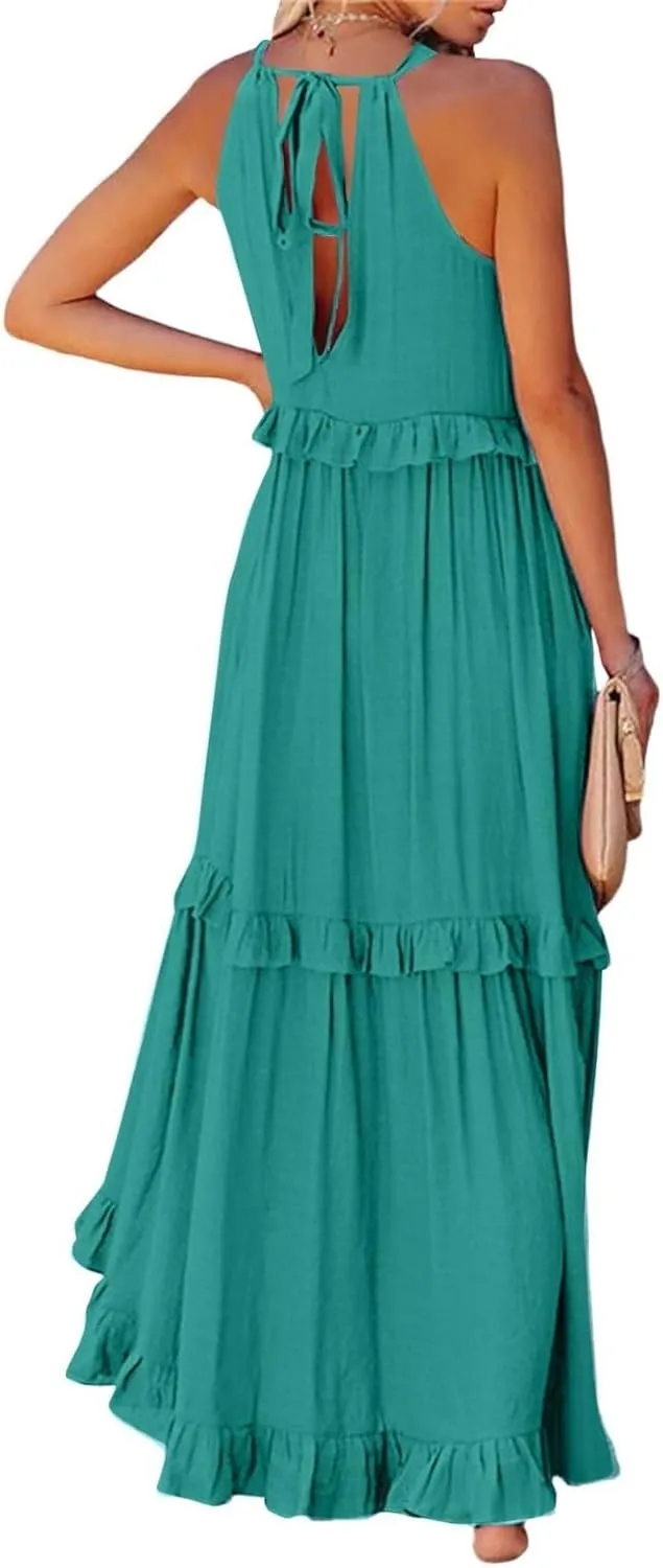 Maxi Dresses for Women 2025 Sleeveless Sexy Tiered Flowy Long Dress Summer Loose Smocked Ruffle Swing Beach Dresses