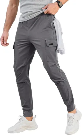 Men's Cargo Jogger Pants Stretch Sweatpants with Zipper Pockets Drawstring Outdoor Trousers Slim Fit Tapered Sweatpants