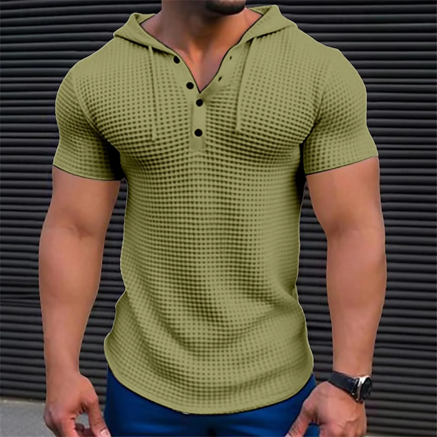 Mens Hoodies Drawstring Waffle Knit Tops Slim Fit Lightweight Summer Hooded Sweatshirt Gym Muscle Fit T Shirts Tshirt