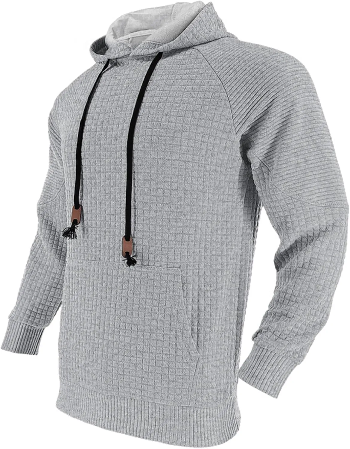 Mens Hoodies Pullover Casual Long Sleeve Waffle Hooded Sweatshirt Fashion Hoodie with Kanga Pocket