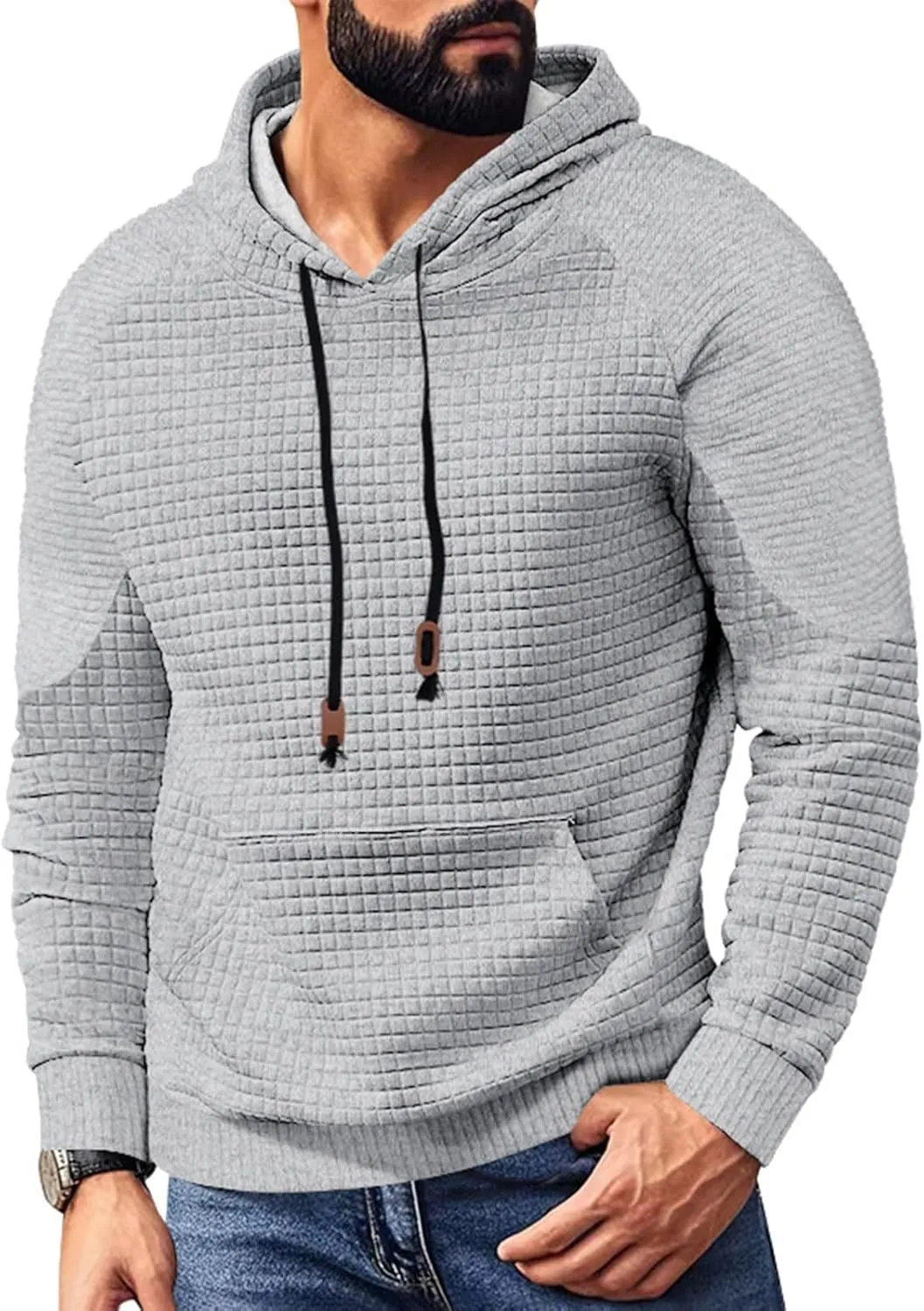 Mens Hoodies Pullover Casual Long Sleeve Waffle Hooded Sweatshirt Fashion Hoodie with Kanga Pocket