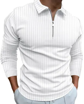 Men's Long Sleeve Polo Shirt Zip Neck Business Casual Tops Ribbed Workout Tee Shirts
