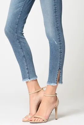 MID RISE SKINNY WITH SLIT - MID BLUE