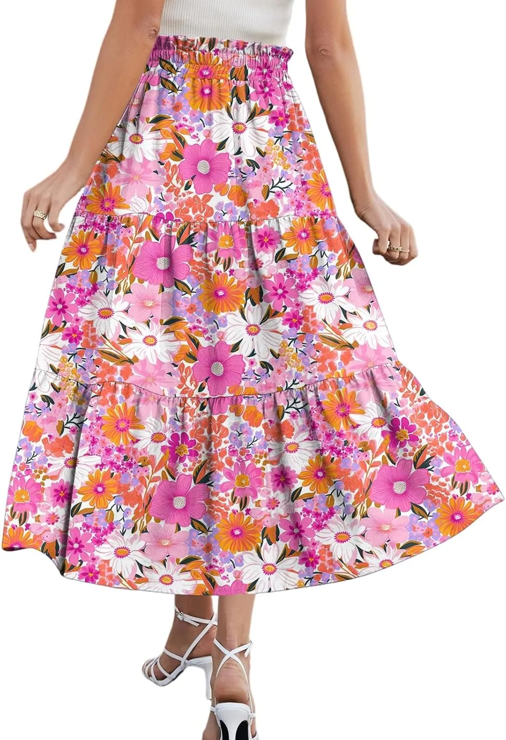 Midi Summer Skirts for Women Drawstring High Waist Knee Length Skirts A Line Floral Print Work Skirt with Pockets