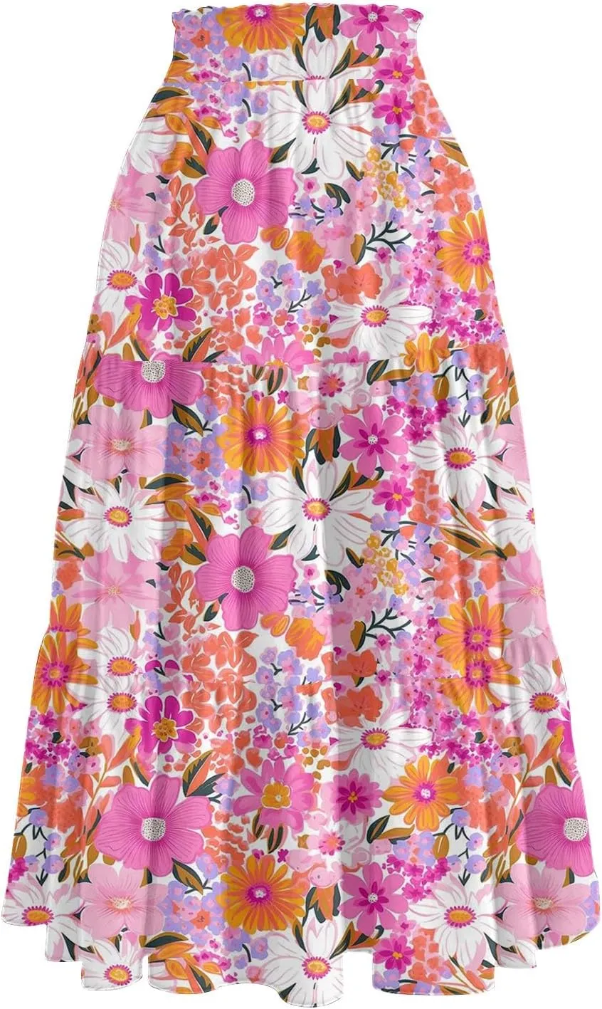 Midi Summer Skirts for Women Drawstring High Waist Knee Length Skirts A Line Floral Print Work Skirt with Pockets