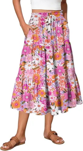 Midi Summer Skirts for Women Drawstring High Waist Knee Length Skirts A Line Floral Print Work Skirt with Pockets