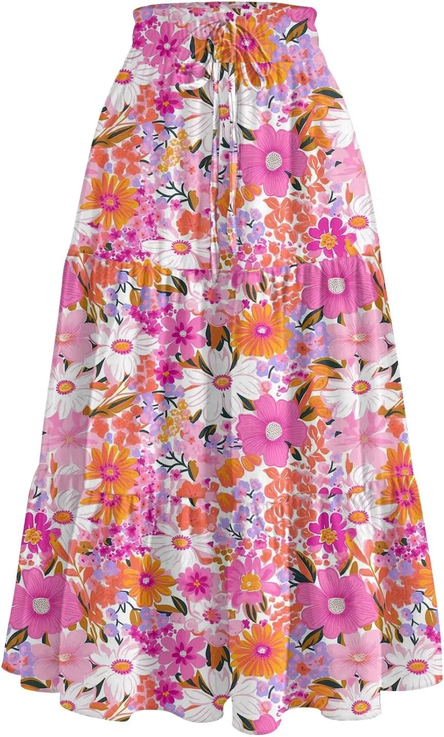 Midi Summer Skirts for Women Drawstring High Waist Knee Length Skirts A Line Floral Print Work Skirt with Pockets