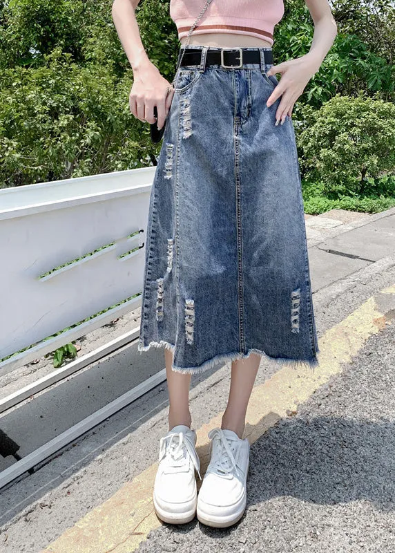 Modern Light Blue Patchwork Ripped A Line Denim Skirt FA150