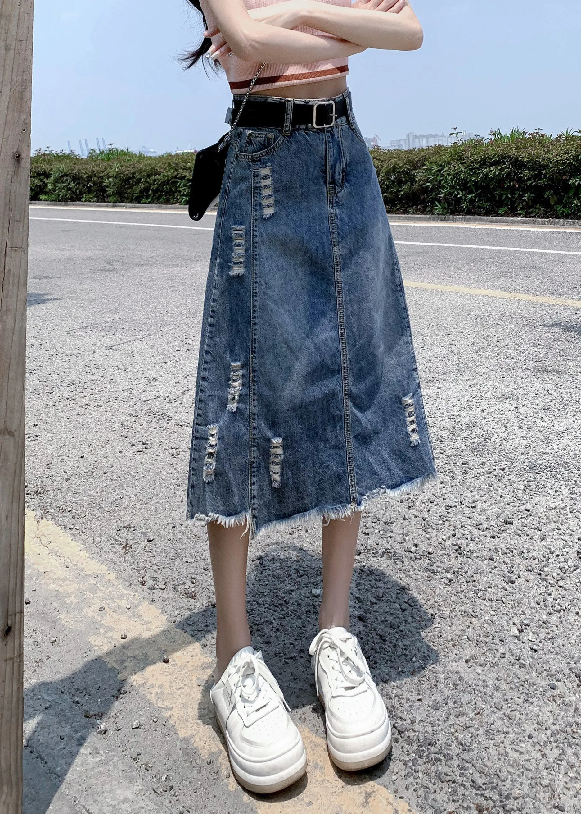 Modern Light Blue Patchwork Ripped A Line Denim Skirt FA150