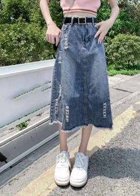 Modern Light Blue Patchwork Ripped A Line Denim Skirt FA150