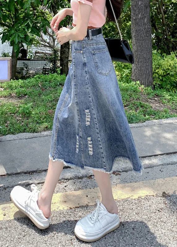 Modern Light Blue Patchwork Ripped A Line Denim Skirt FA150