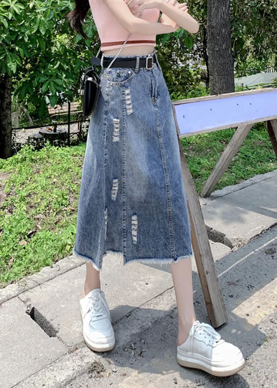 Modern Light Blue Patchwork Ripped A Line Denim Skirt FA150