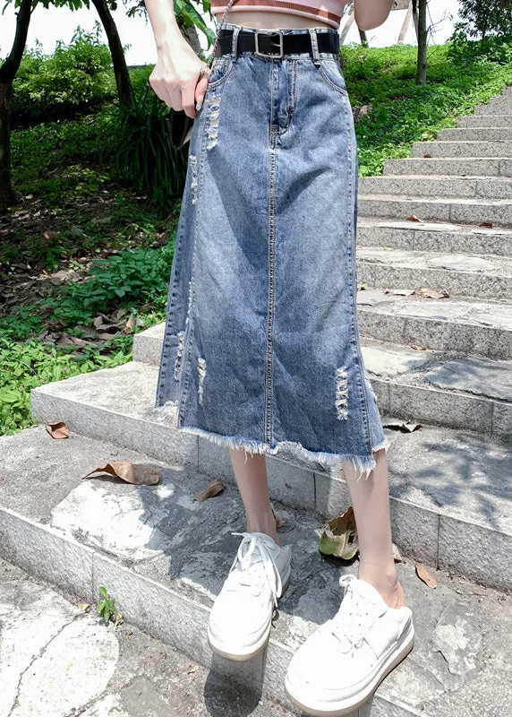 Modern Light Blue Patchwork Ripped A Line Denim Skirt FA150