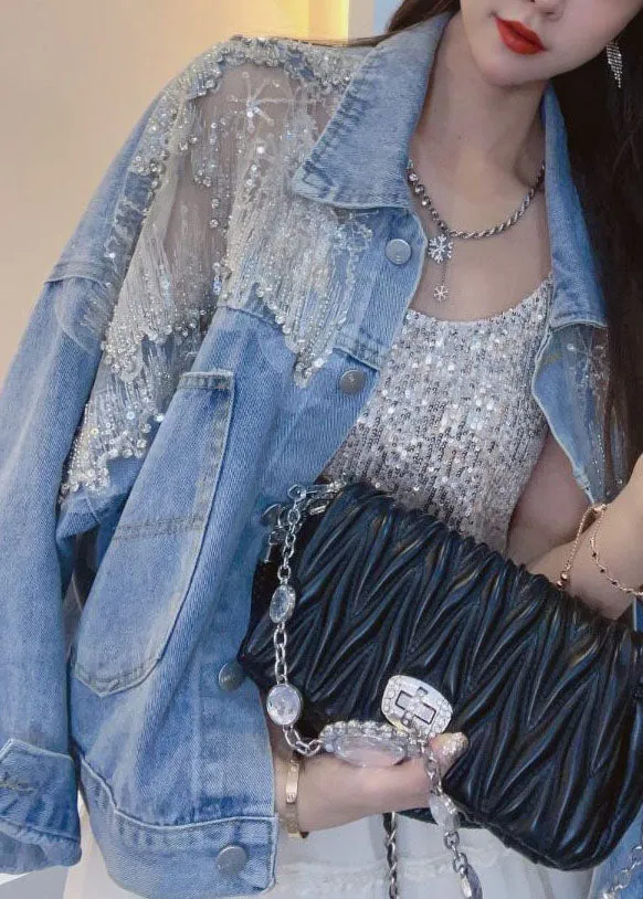 New Blue Embroideried Zircon Patchwork Denim Coats Summer LY5233