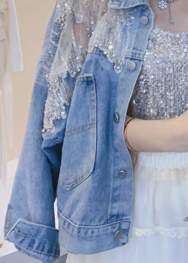 New Blue Embroideried Zircon Patchwork Denim Coats Summer LY5233