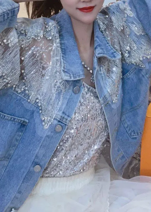 New Blue Embroideried Zircon Patchwork Denim Coats Summer LY5233