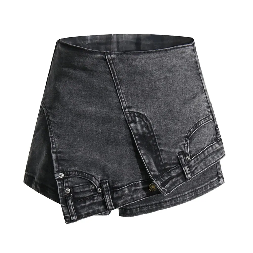 Patchwork Irregular Hem Short Skirts For Women High Waist Solid Minimalist Denim Shorts Female Fashion Clothing
