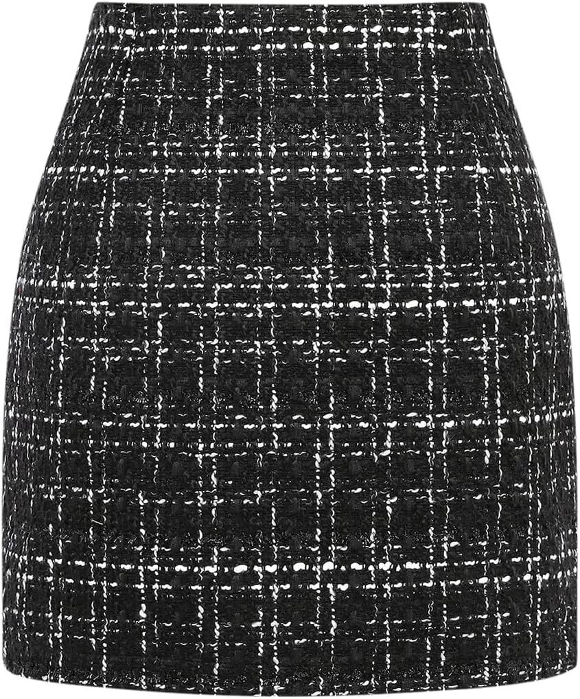 Plaid Mini Skirts for Womens High Waisted Fall Winter Wool Bodycon Pencil Skirts with Slit