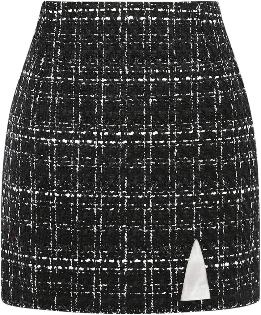 Plaid Mini Skirts for Womens High Waisted Fall Winter Wool Bodycon Pencil Skirts with Slit