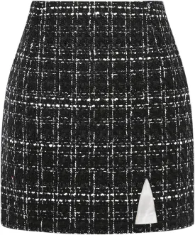 Plaid Mini Skirts for Womens High Waisted Fall Winter Wool Bodycon Pencil Skirts with Slit