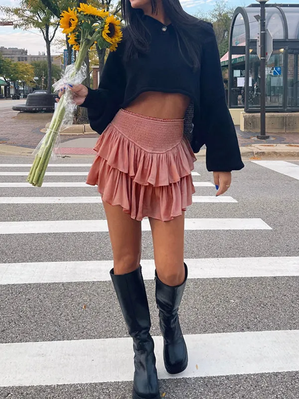 Pleated Solid Color Split-Joint Loose Skirts
