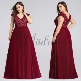 Plus Size V Neck Lace Chiffon Burgund/Black/Purple/Green Evening Dress