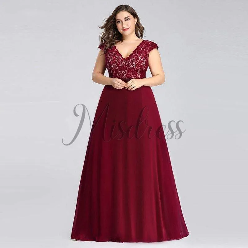 Plus Size V Neck Lace Chiffon Burgund/Black/Purple/Green Evening Dress