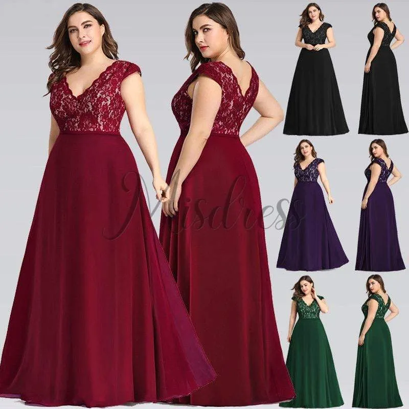 Plus Size V Neck Lace Chiffon Burgund/Black/Purple/Green Evening Dress