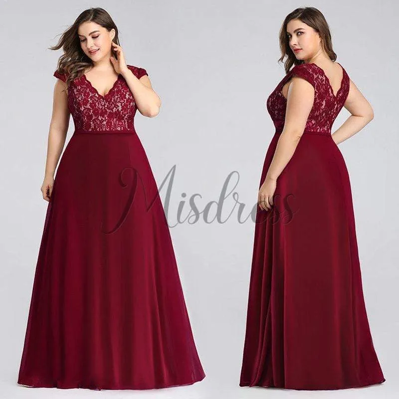 Plus Size V Neck Lace Chiffon Burgund/Black/Purple/Green Evening Dress