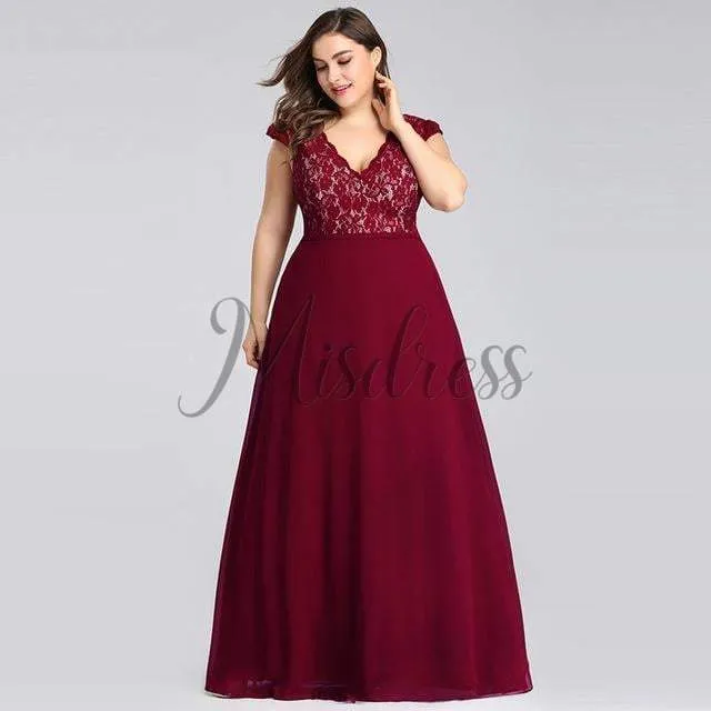 Plus Size V Neck Lace Chiffon Burgund/Black/Purple/Green Evening Dress