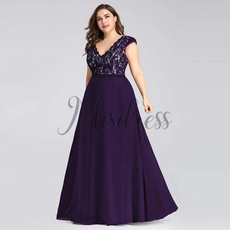 Plus Size V Neck Lace Chiffon Burgund/Black/Purple/Green Evening Dress