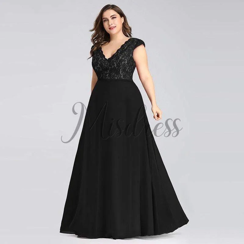 Plus Size V Neck Lace Chiffon Burgund/Black/Purple/Green Evening Dress