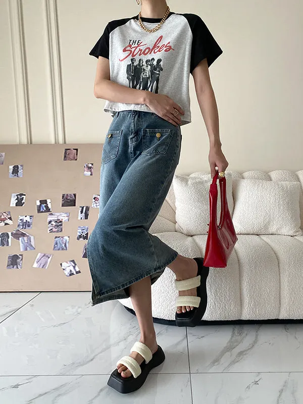 Pockets Split-front Split-Joint A-line Denim Skirts Bottoms