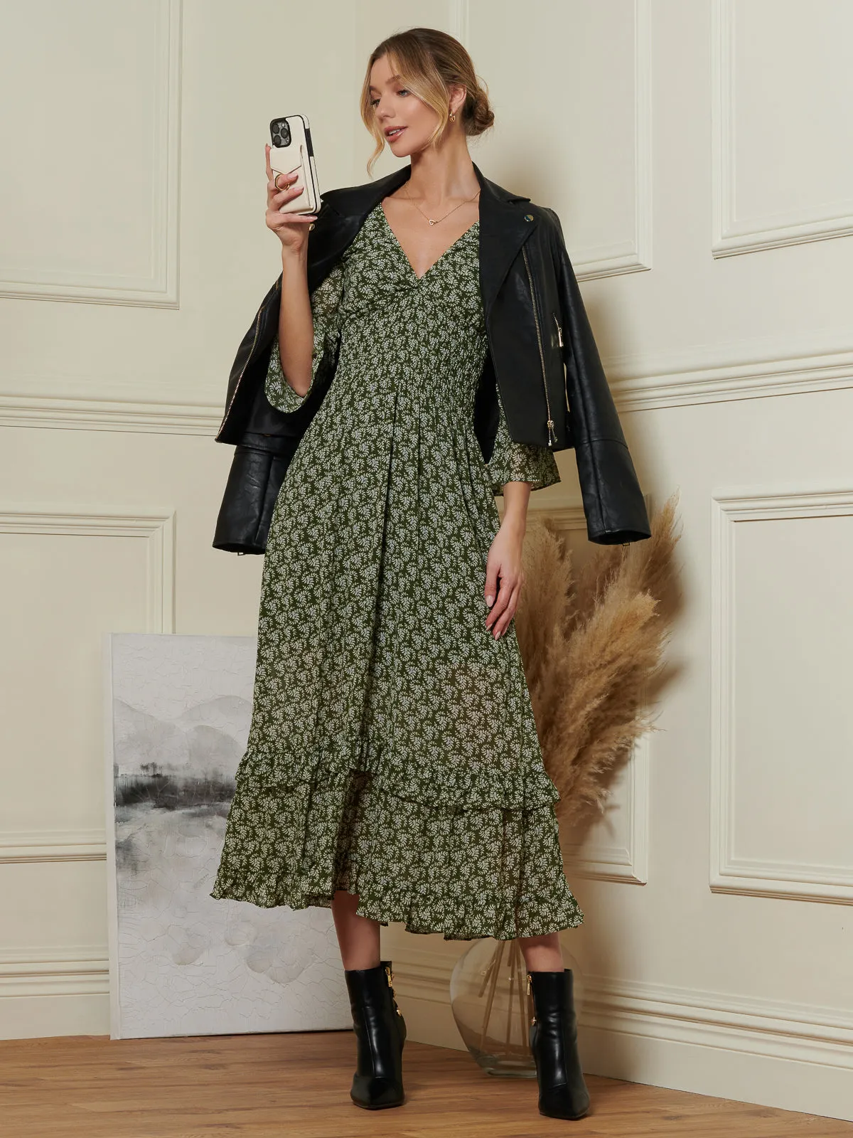 Qaiya Shirred Chiffon Maxi Dress, Green Floral