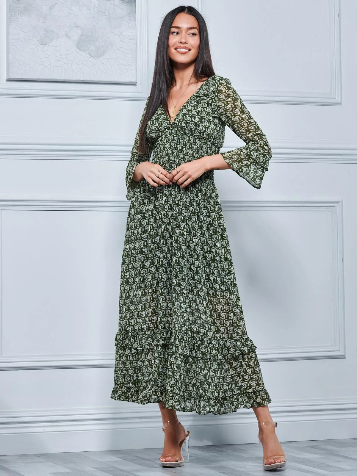 Qaiya Shirred Chiffon Maxi Dress, Green Floral